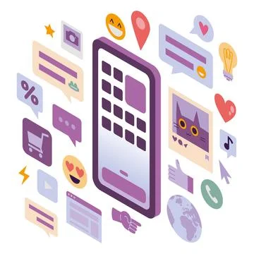 Smartphone screen with application menu in isometric, cartoon style. Online.. Stock Illustration
