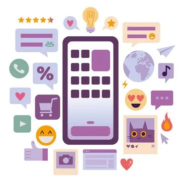 Smartphone screen with application menu, symbols and icons, cartoon style. .. Stock Illustration