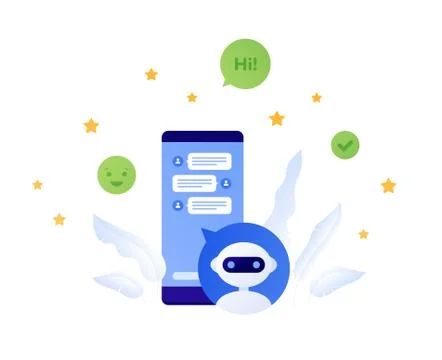 Smartphone screen with chat ui. Robot in speech bubble and happy smile emoji Illustrazione stock