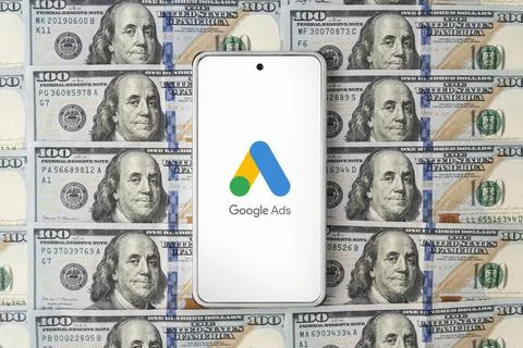 Smartphone screen close-up. Google Ad Words icon. Google ads Adwords applic.. Stock Photos