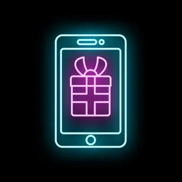 Smartphone screen displaying digital gift box neon icon Stock Illustration