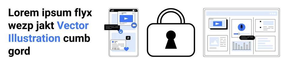 Smartphone screen displaying secured content, large padlock icon, computer sh Stock Illustration