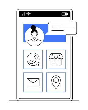 Smartphone screen displaying a user avatar with a speech bubble and various a Illustrazione stock