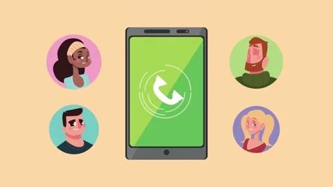 Smartphone screen displays calling icon surrounded by friends video chat av.. Vidéo 333804634