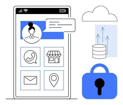 A smartphone screen displays a user profile, messaging, and app icons. Nearby Illustrazione stock