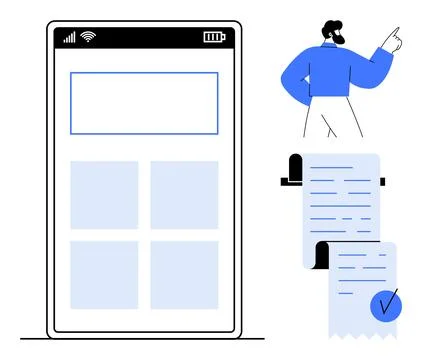 A smartphone screen interface displays app layout with four grid sections. Ne Stock Illustration