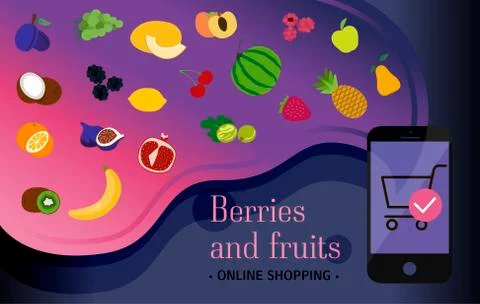 Smartphone screen with the order of berries and fruits via the app with home Stock Illustration