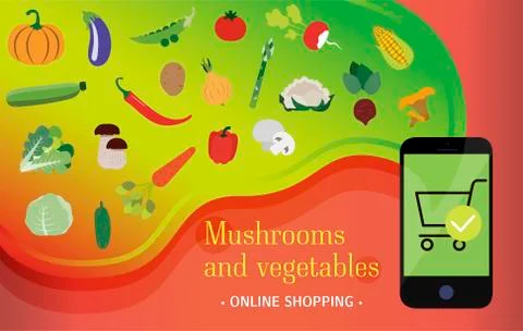 Smartphone screen with ordering vegetables and mushrooms via the app with home Stock Illustration