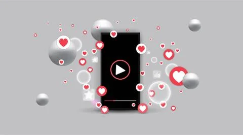 Smartphone screen play button, Streaming preview template, 3d with likes and  스톡 일러스트
