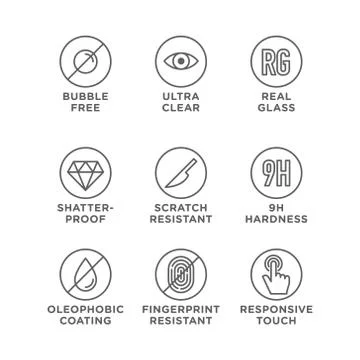 Smartphone screen protection icon set, tempered glass, screen protector. Stock Illustration