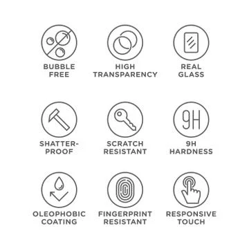 Smartphone screen protection icon set, tempered glass, screen protector. Stock Illustration