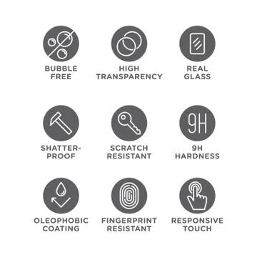 Smartphone screen protection icon set, tempered glass, screen protector. Stock Illustration