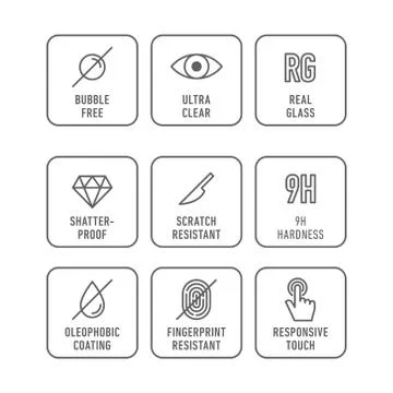 Smartphone screen protection icon set, tempered glass, screen protector. Stock Illustration