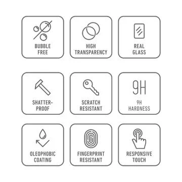 Smartphone screen protection icon set, tempered glass, screen protector. Stock Illustration