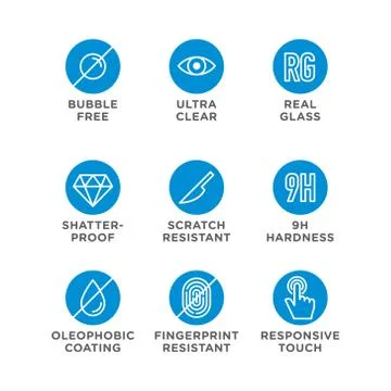 Smartphone screen protection icon set, tempered glass, screen protector. Stock Illustration