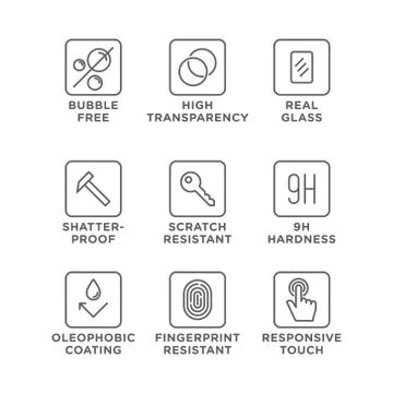 Smartphone screen protection icon set, tempered glass, screen protector. Stock Illustration