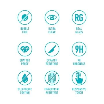 Smartphone screen protection icon set, tempered glass, screen protector. Stock Illustration