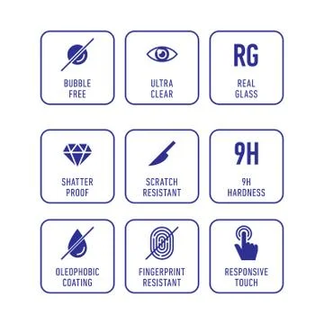Smartphone screen protection icon set, tempered glass, screen protector. Stock Illustration