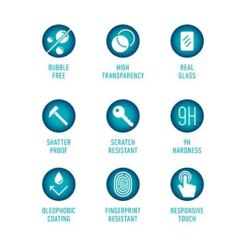 Smartphone screen protection icon set, tempered glass, screen protector. Stock Illustration