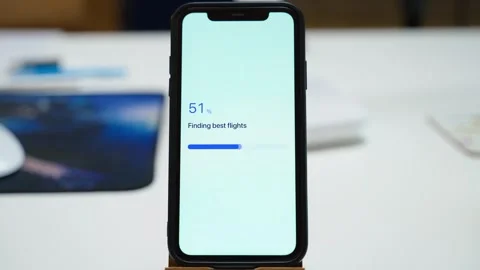 Smartphone screen showing flight search progress and no flights found error Stock-Footage 342130267