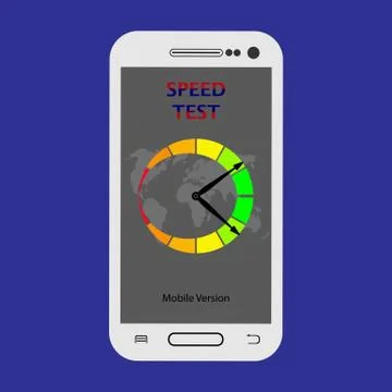 On the smartphone screen shows the test data transfer speed Stock Illustration