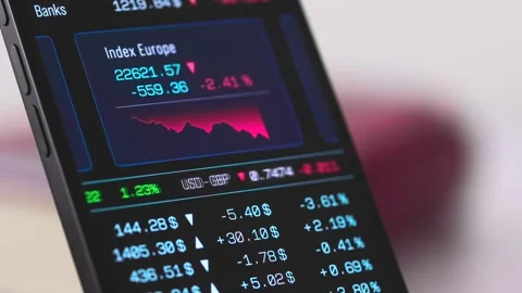 Smartphone screen shows trading board with European index chart down, currency Stock Footage 339091503
