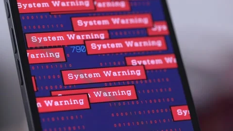 Smartphone screen system warning signs, cyber crime, system hacked Stock Footage 339091517
