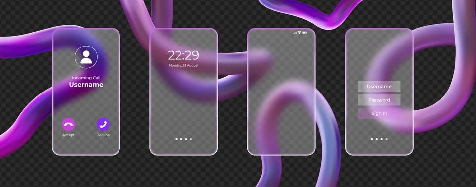 Smartphone screen widgets 3D frames in glass morphism style, transparent matt Illustrazione stock