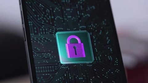 Smartphone screen, wireles data protection symbol, circuit board with processor Stock Footage 339091528