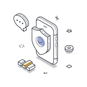 Smartphone secured by a shield symbolizing internet security. Elements like c 스톡 일러스트
