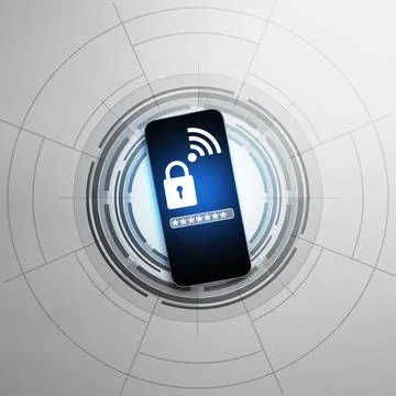 Smartphone with security padlock, password field, and Wi-Fi icon on screen,.. Stock-Fotos