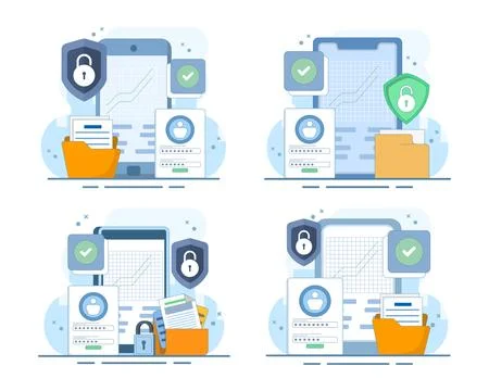 Smartphone security set, password authentication, protected mobile access. Stock Illustration