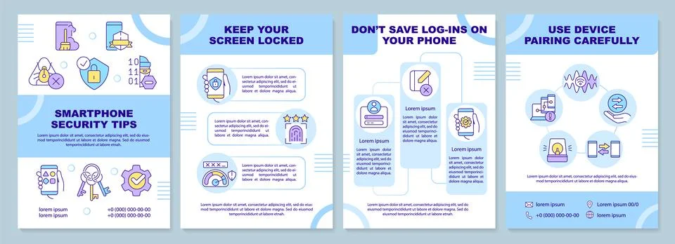 Smartphone security tips blue brochure template Stock Illustration