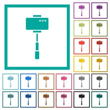 Smartphone on selfie stick back view flat color icons with quadrant frames Stockillustratie