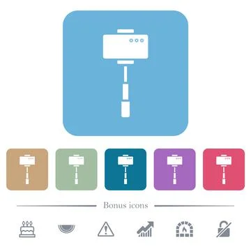 Smartphone on selfie stick back view white flat icons on color rounded square Stock Illustration