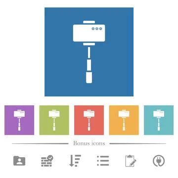 Smartphone on selfie stick back view flat white icons in square backgrounds Stock Illustration