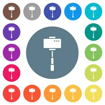 Smartphone on selfie stick back view flat white icons on round color backgrou Stock Illustration
