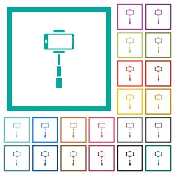 Smartphone on selfie stick front view flat color icons with quadrant frames Illustrazione stock