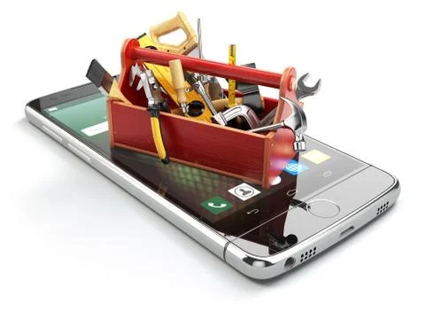 Smartphone service. Online  technical support concept. Mobile phone with tool Stock Illustration