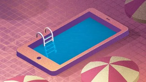 Smartphone shaped like a swimming pool surrounded by parasols Stock-Illustration