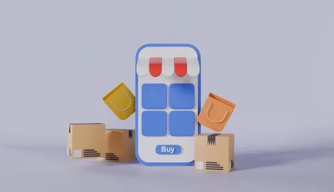 Smartphone with shopping bag, parcel box concept for online marketing product Stock Illustration