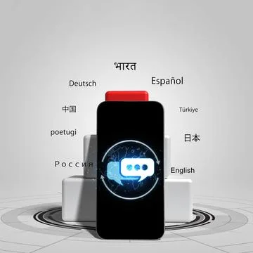 A smartphone showcasing a digital communication interface with global langu.. Stock Photos