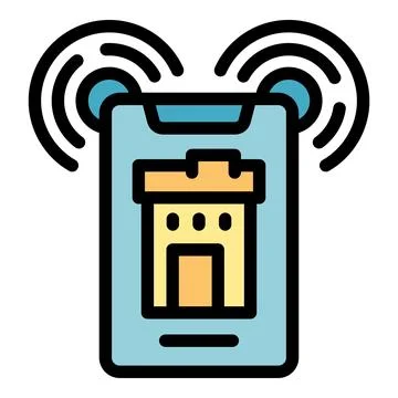 Smartphone showing building icon and emitting signals Ilustración de archivo