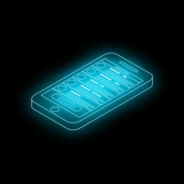 Smartphone showing graph with glowing neon blue lines on dark background Illustrazione stock