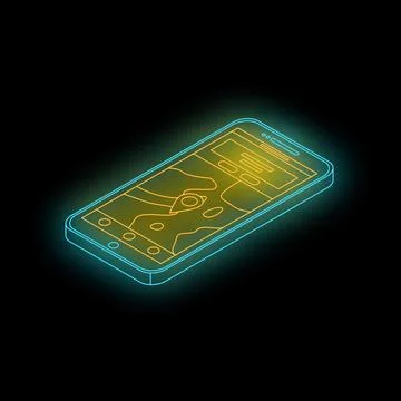 Smartphone showing navigation app with glowing neon lines on black background Illustrazione stock