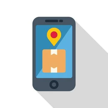 Smartphone showing parcel tracking app with location pin and cardboard box 스톡 일러스트