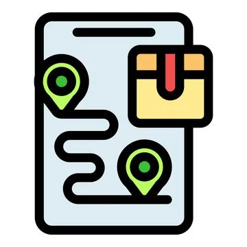 Smartphone showing parcel tracking on map with delivery route and location pi Illustrazione stock
