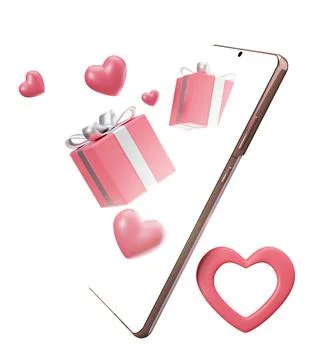 A smartphone shows gift boxes and hearts floating around it. The scene capt.. Stock Photos