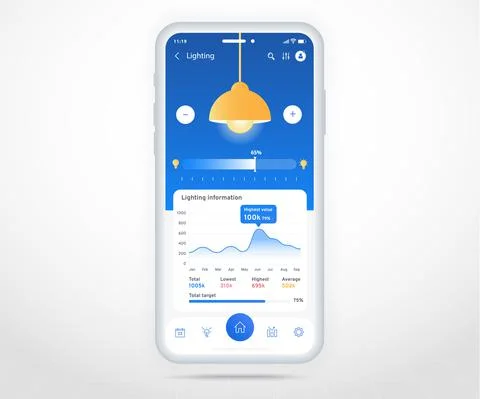 Smartphone smart home lighting controlled app UX UI, IOT Internet of things tech Stock Illustration