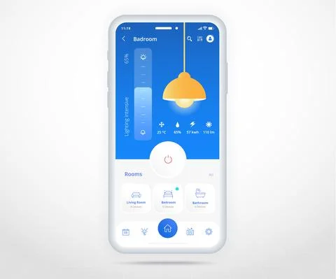 Smartphone smart home lighting controlled app UX UI, IOT Internet of things tech Stock Illustration
